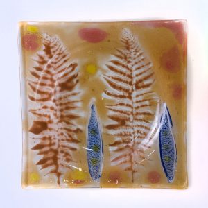 Fused Glass Tray #16; 6”x6”; Leaves of the forest