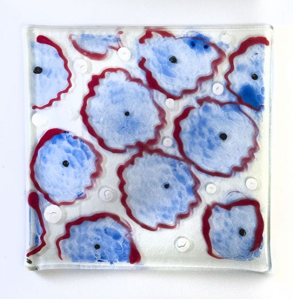 Fused Glass Tray #61; 6”x6” Blue Flowers;