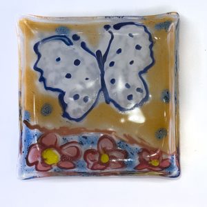 Fused Glass Fused Glass Tray #15; 4”x4”; Butterfly and flowers#15; 4”x4”; Butterfly and flowers