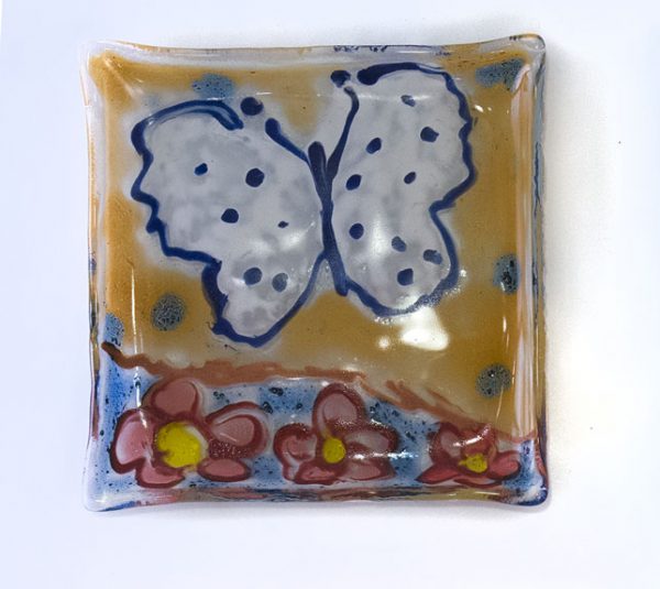 Fused Glass Fused Glass Tray #15; 4”x4”; Butterfly and flowers#15; 4”x4”; Butterfly and flowers