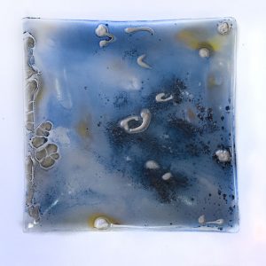 Fused Glass Tray #18; 6”x6”; Atolls in a blue lagoon