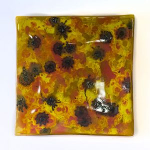 Fused Glass Tray #22; 6”x6”; Black eyed susans in a marigold field