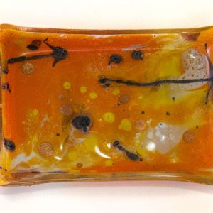 Fused Glass Tray #24; 3”x2”; fossilized remains in sap