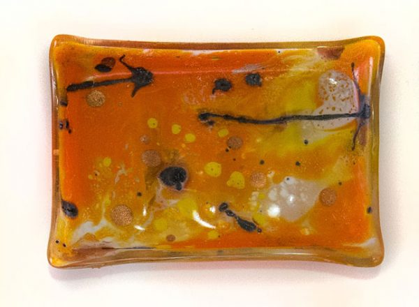 Fused Glass Tray #24; 3”x2”; fossilized remains in sap