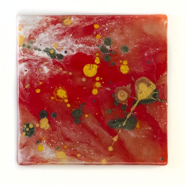 Fused Glass Tray #48; 4”x4”; Red Hots and Lemons