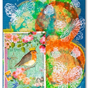 Spring Day, Collage of Bubble Art, postcards & Watercolors, by Joshua; 8”x10”