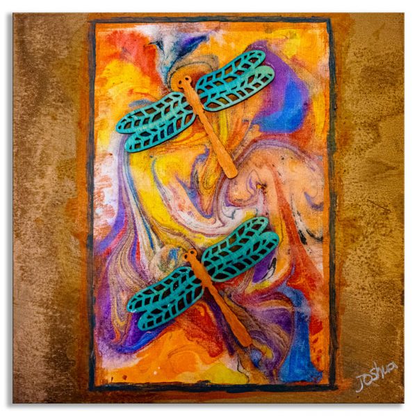 Dragonflies in the morning; wooden objects on marbled paper by Joshua; 8”x10”