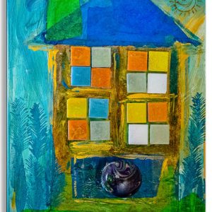 House with trees; a collage of glass tiles, starched paper, watercolors on wooden panel, includes a wood knob for hanging objects ;by Joshua; 8”x10”