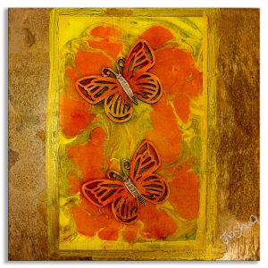 Butterflies at Sunset; wood objects, marbled papers, and watercolors; by Joshua; 8”x10”