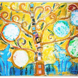 Cosmic Tree, Bubble Art, Tiles, starched papers, and watercolor;