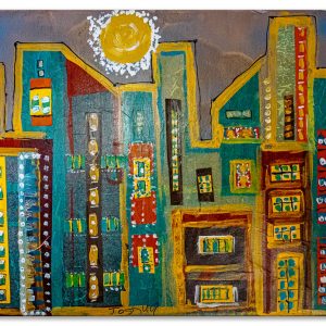 City Scape; a collage of starched paper and watercolors on canvas; by Joshua; 18”x24”