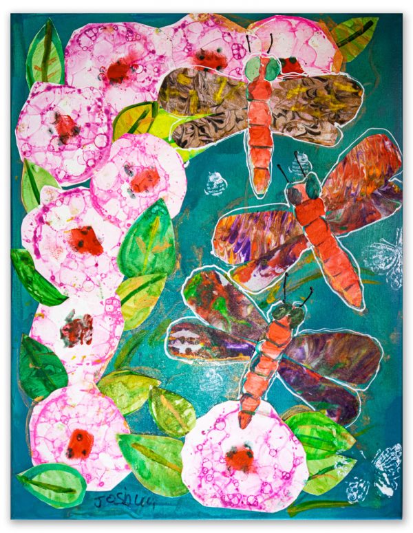 Dragonflies with Hyacinths, Collage of Bubble Art, marbled fabrics, and watercolor, by Joshua; 18”x24”