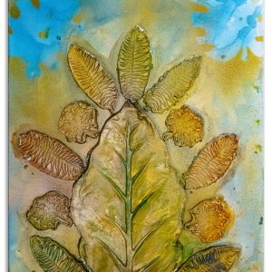 Leaf Gathering; clay on canvas with watercolors; by Joshua; 18”x24”