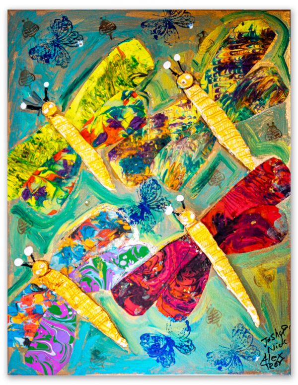 Dragonfly Friends; Clay on Canvas with marbled fabrics and watercolors, by Alex, Joshua, Nick, and Trey; 18”x24”