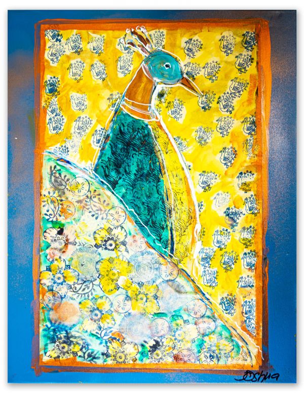 Hidden Peacock; Stamped fabrics and watercolor, by Joshua; 18”x24”