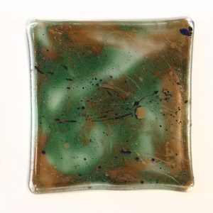 Fused Glass Tray 66; 4”x4” Green and gold day