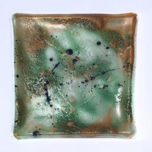 Fused Glass Tray #9; 4”x4”; Tadpoles in a pond