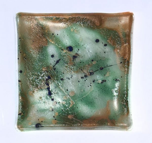 Fused Glass Tray #9; 4”x4”; Tadpoles in a pond